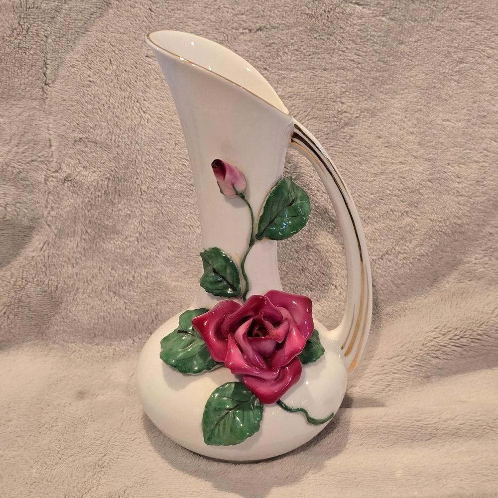 Vintage Lefton China 423 Hand Painted Porcelain Rose Pitcher Vase Gold Trim